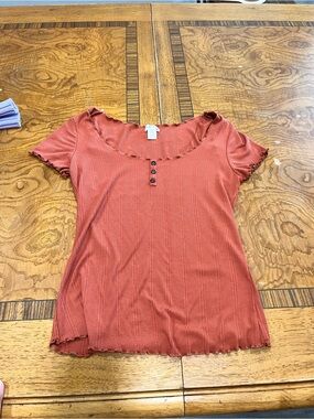 Bozzolo Rust Ribbed Short Sleeve Henley Top